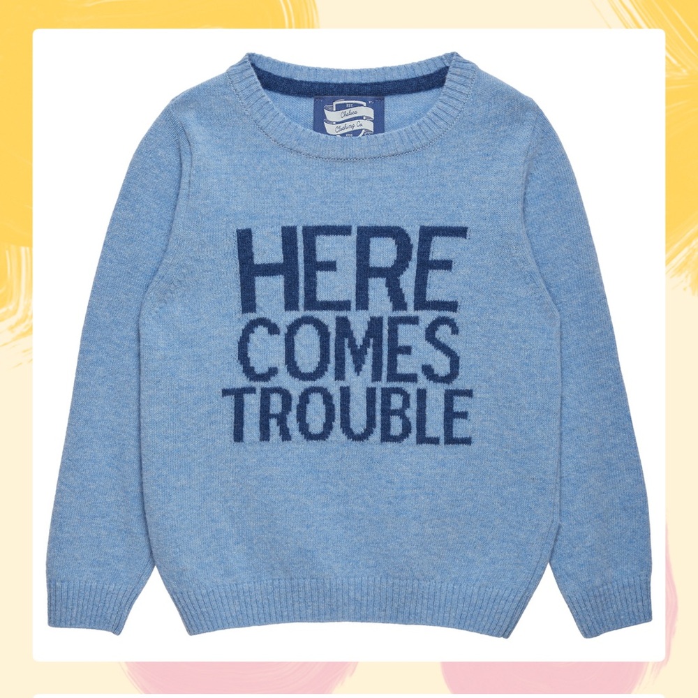 Trotters London “Here Comes Trouble” Sweater – Blue Marl